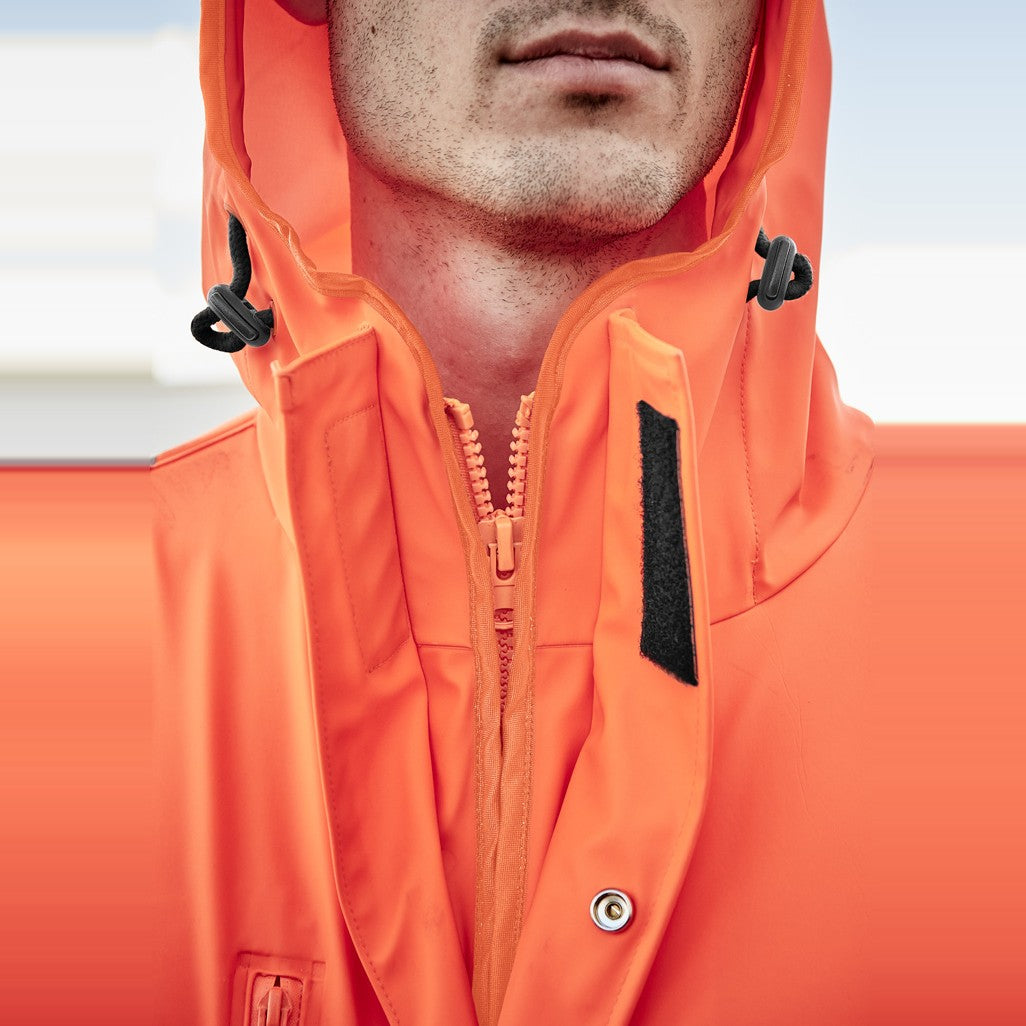Syzmik Mens Hi Vis X Back Heavy Duty Waterproof Jacket ZJ620-AU in Orange, worn by model, view 9