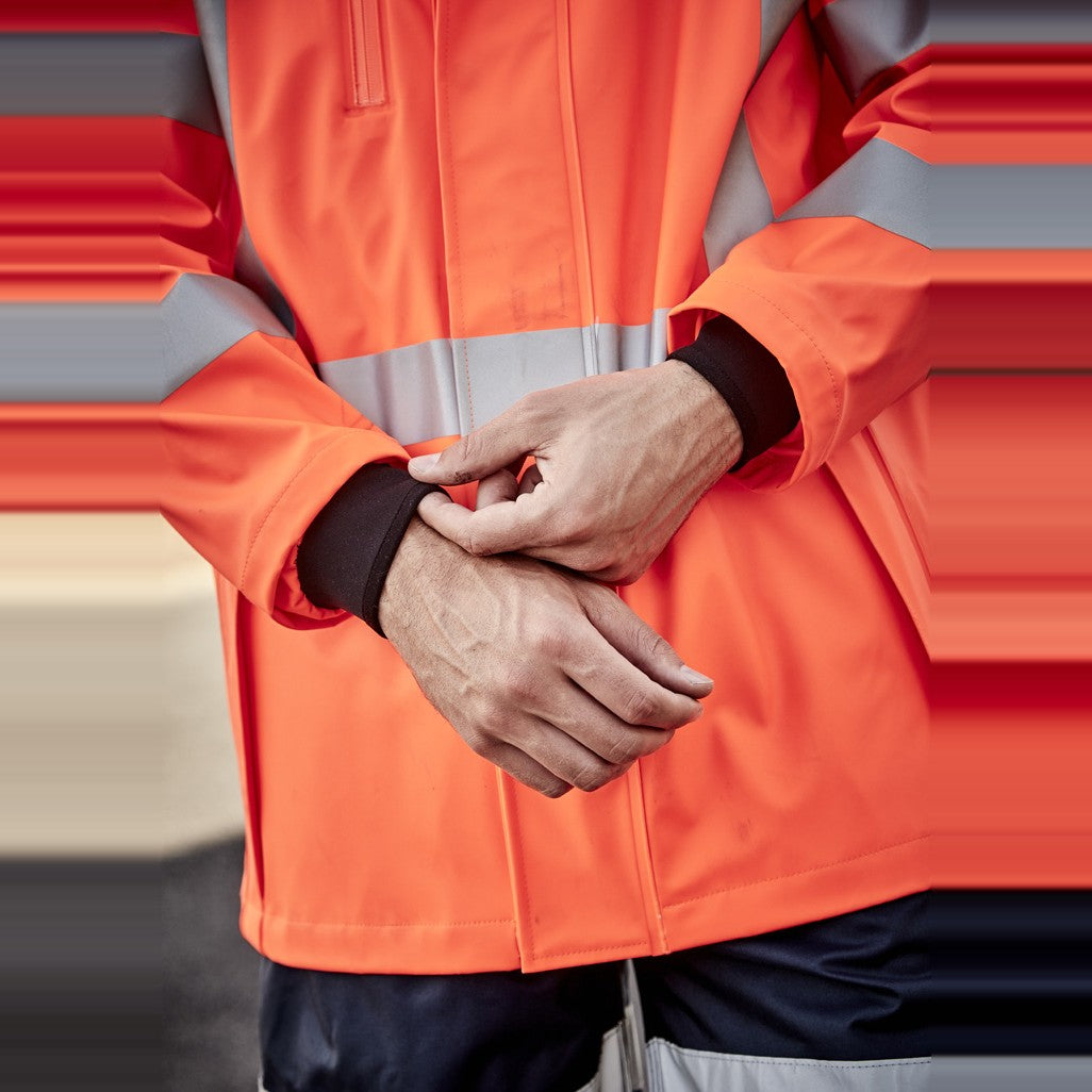Syzmik Mens Hi Vis X Back Heavy Duty Waterproof Jacket ZJ620-AU in Orange, worn by model, view 11