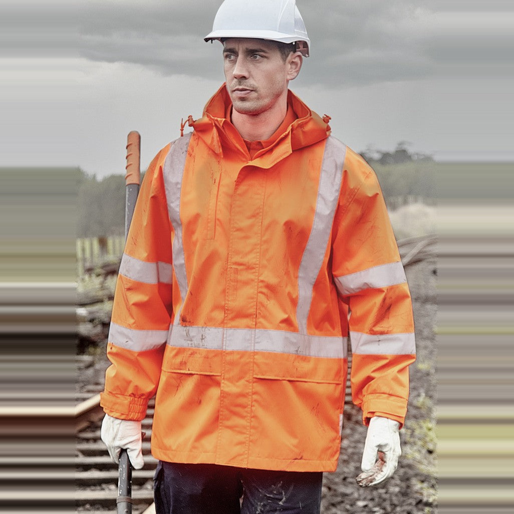 Syzmik Mens Hi Vis X Back Ultralite Waterproof Jacket ZJ657-AU in Orange, worn by model