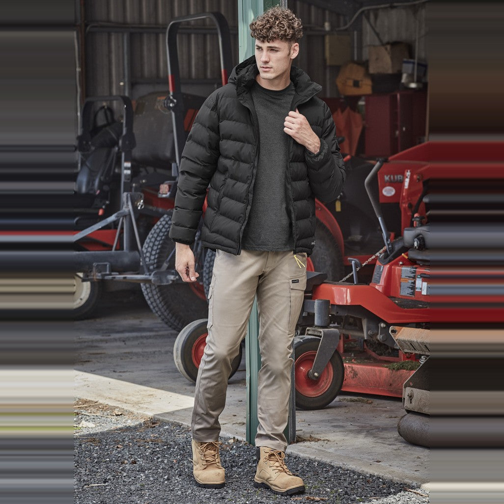 Syzmik Mens Essential Basic Stretch Cargo Pant ZP230 in Khaki, worn by model