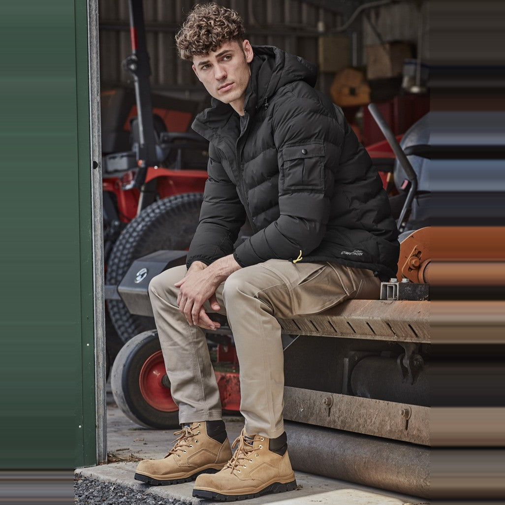 Syzmik Mens Essential Basic Stretch Cargo Pant ZP230 in Khaki, worn by model, view 2
