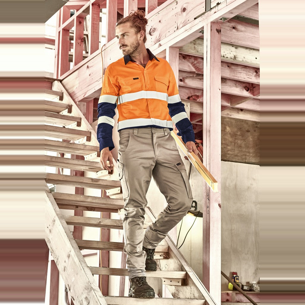 Syzmik Mens Essential Basic Stretch Cargo Pant ZP230 in Khaki, worn by model, view 3