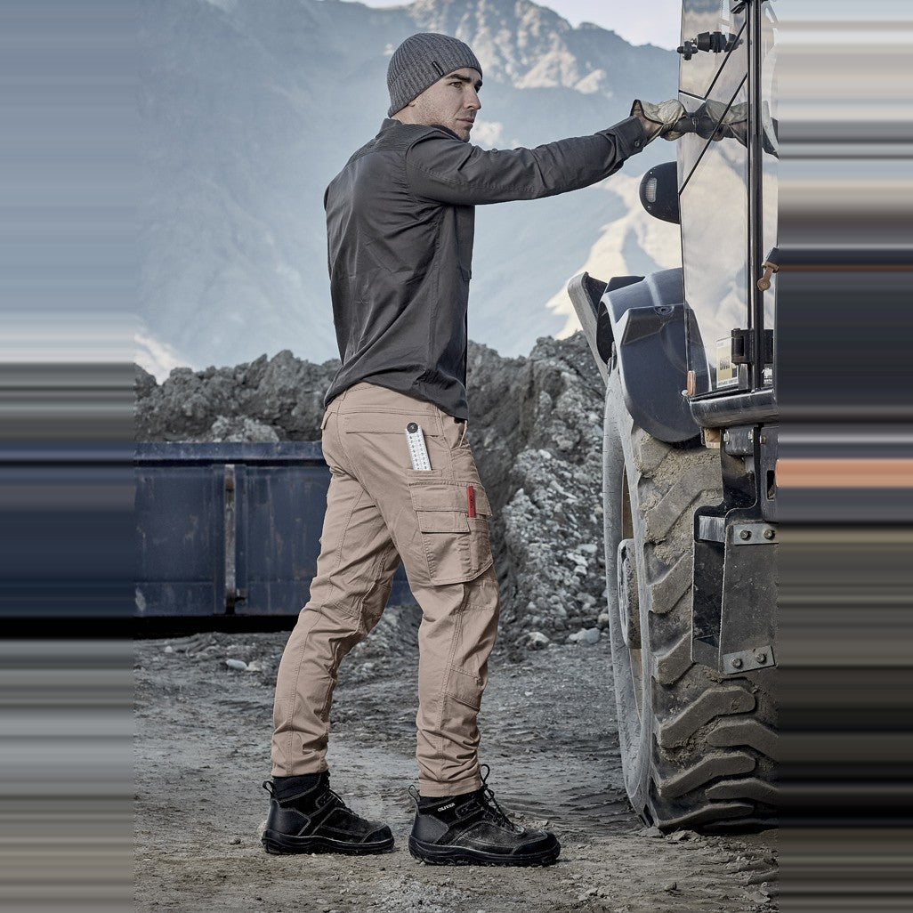 Syzmik Mens Streetworx Curved Cargo Pant ZP360 in Khaki, worn by model