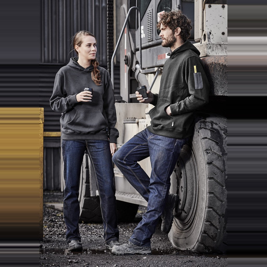 Syzmik Mens Stretch Denim Work Jean ZP507 in Denim, worn by model