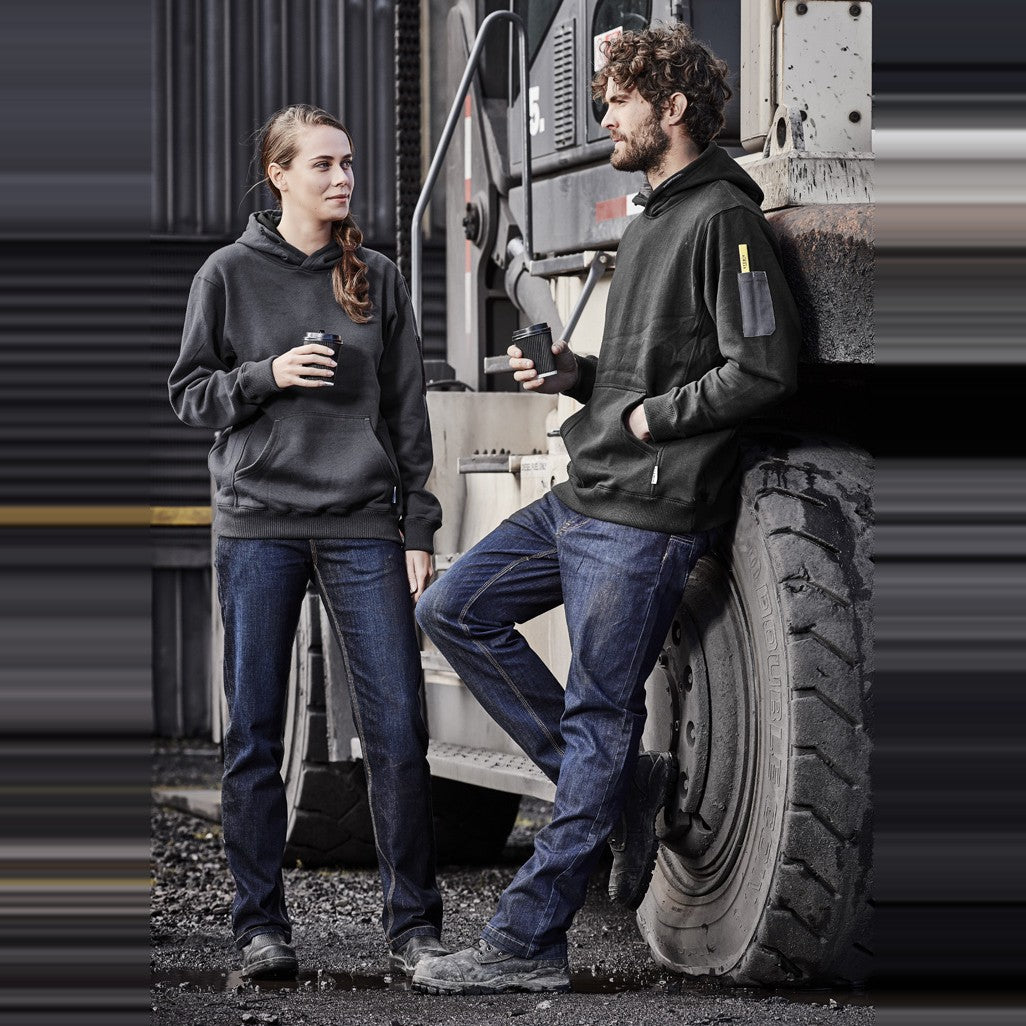 Syzmik Womens Stretch Denim Work Jean ZP707 in Denim, worn by model
