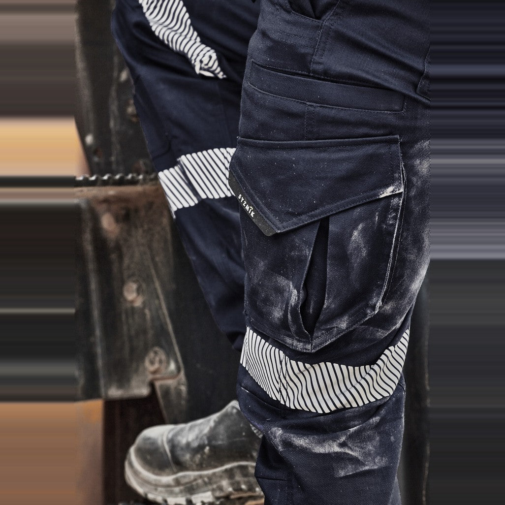 Syzmik Mens Rugged Cooling Stretch Taped Pant ZP924 in Navy, worn by model, view 2