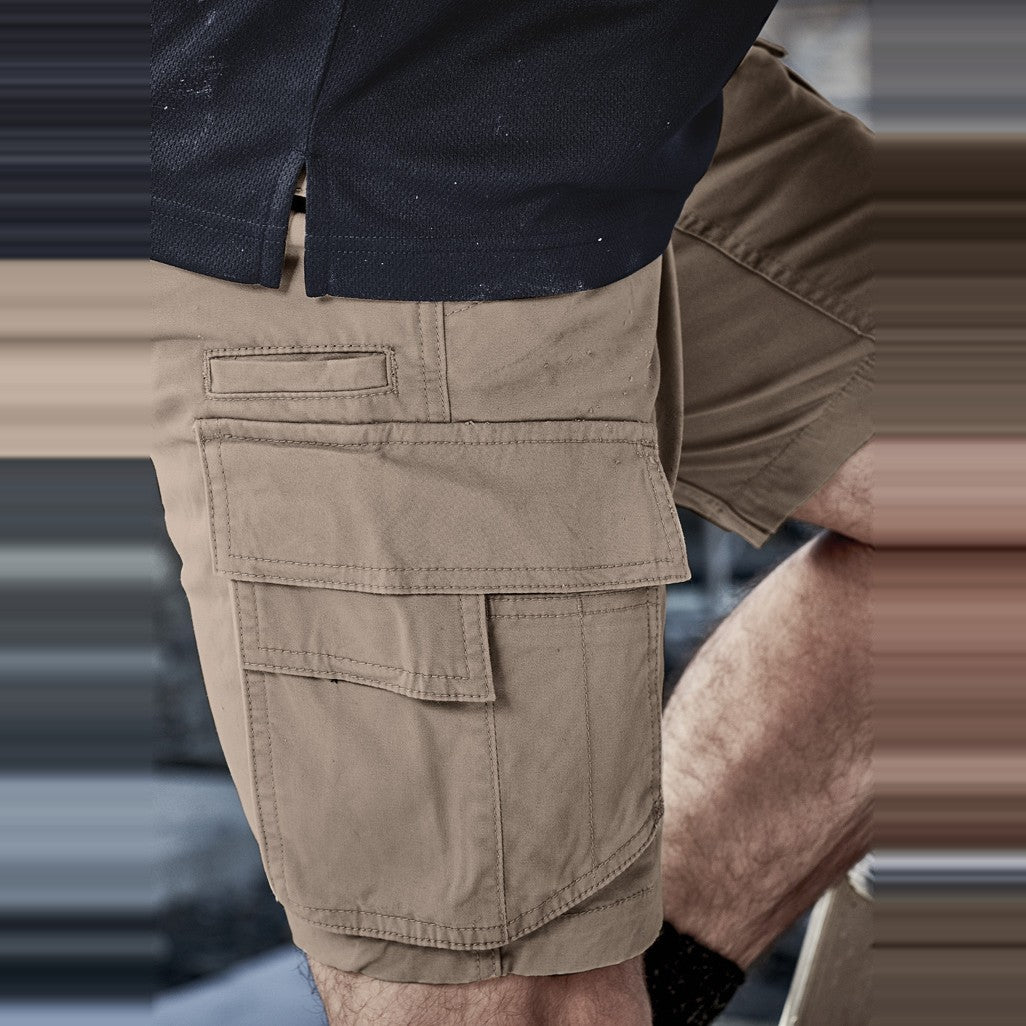 Syzmik Mens Streetworx Curved Cargo Short ZS360 in Khaki, worn by model, view 2