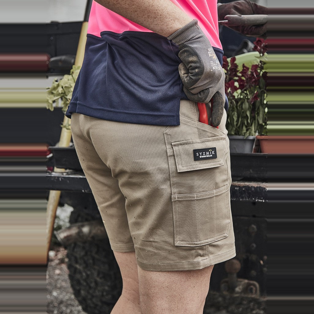 Syzmik Womens Essential Stretch Cargo Short ZS735 in Khaki, worn by model, view 3