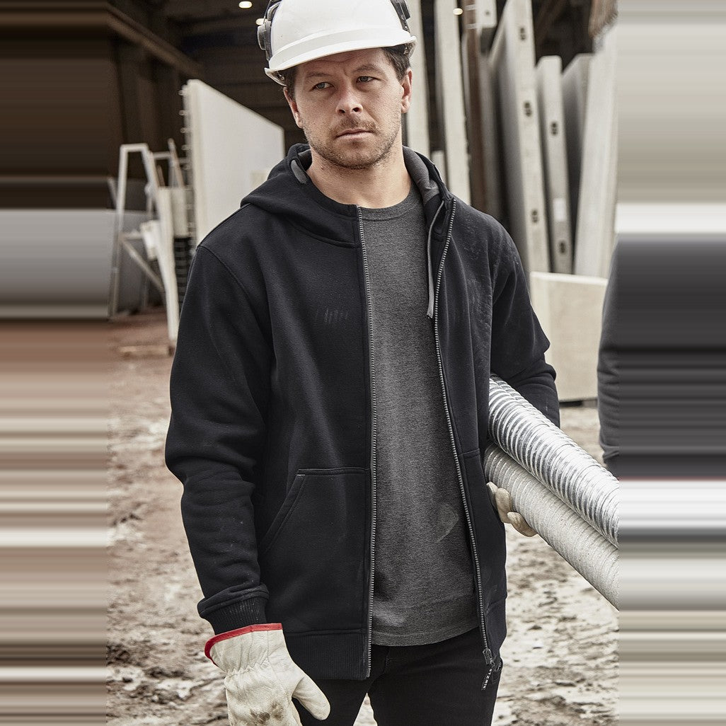 Syzmik Unisex Zip Front Multi-Pocket Hoodie ZT468 in Black/Charcoal, worn by model, view 3