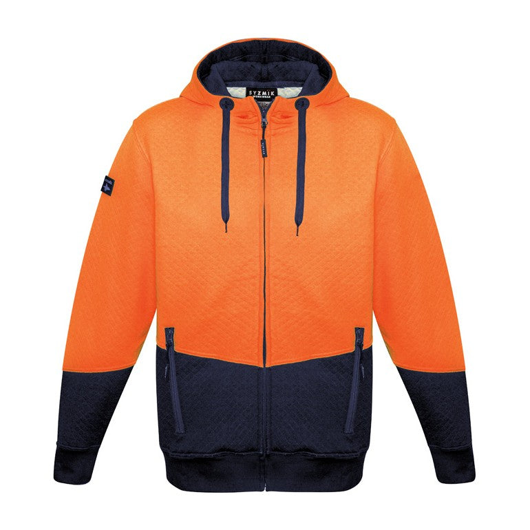 Syzmik Unisex Hi Vis Textured Jacquard Full Zip Hoodie ZT478 in Orange/Navy
