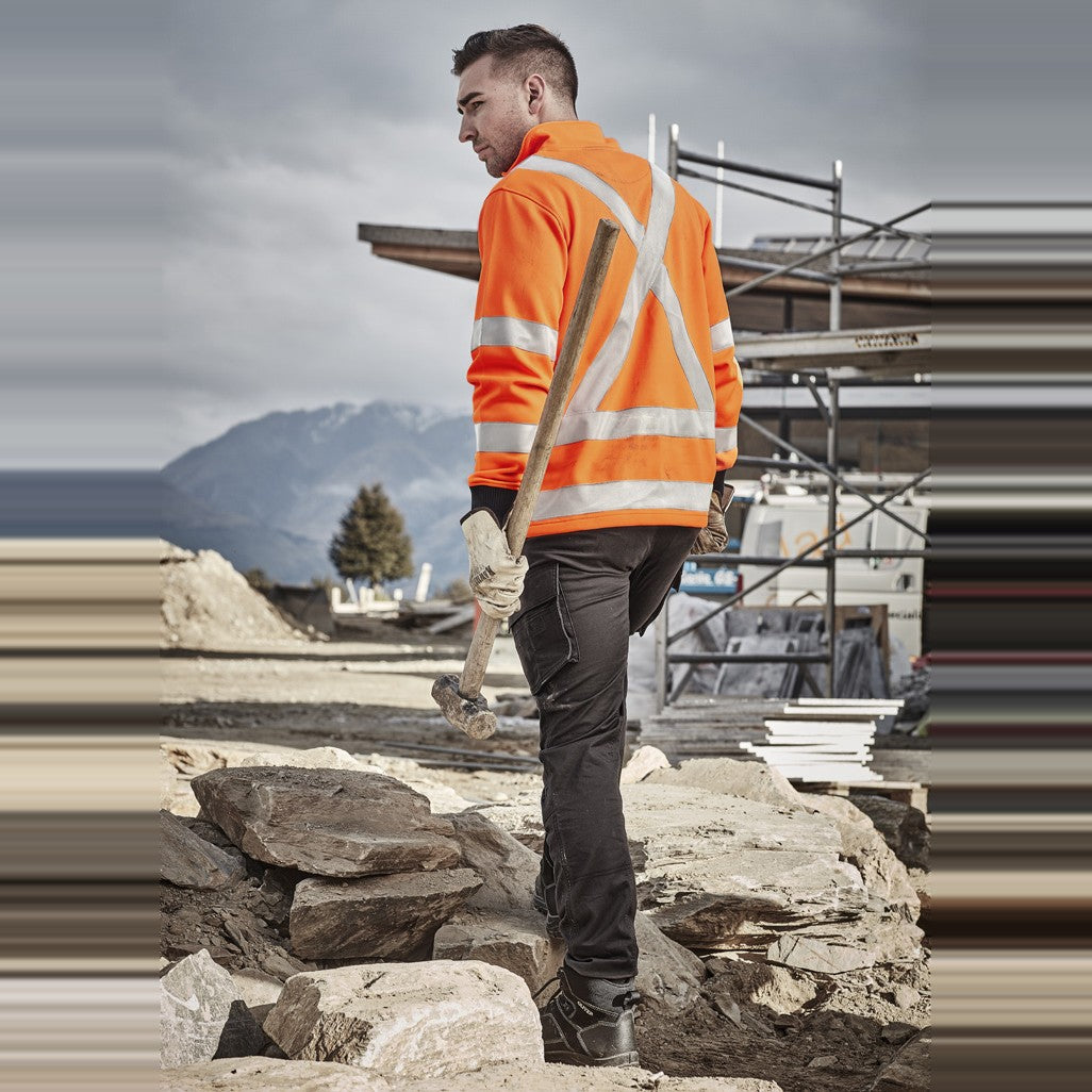 Syzmik Unisex Hi Vis X Back Rail Jumper ZT660 in Orange, worn by model