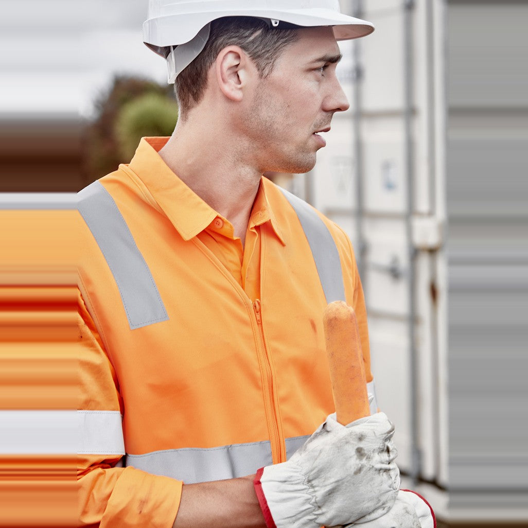 Syzmik Unisex Hi Vis VIC Rail Zip Vest ZV687 in VIC Rail Orange, worn by model, view 2