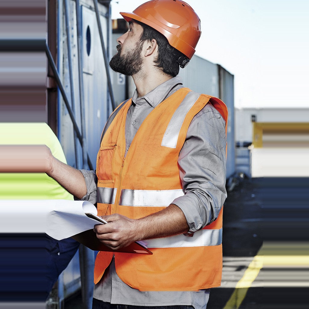 Syzmik Unisex Hi Vis Zip Vest ZV998 in Orange, worn by model