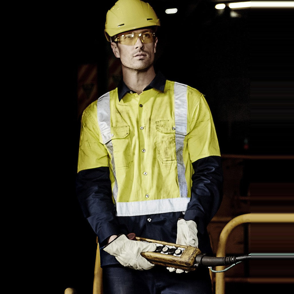 Syzmik Mens Industrial Long Sleeve Shirt - Shoulder Taped ZW124, worn by model