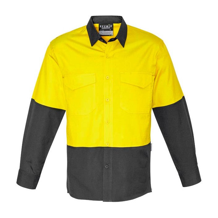 Syzmik Mens Rugged Cooling Hi Vis Long Sleeve Shirt ZW128 in Yellow/Charcoal