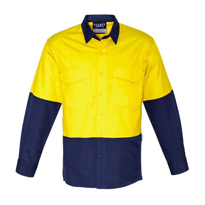Syzmik Mens Rugged Cooling Hi Vis Long Sleeve Shirt ZW128 in Yellow/Navy