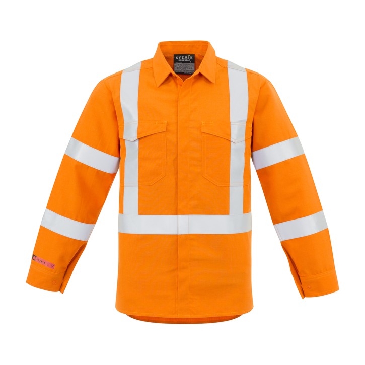 Syzmik Mens Red Flame Hi Vis X Back Shirt ZW137, worn by model