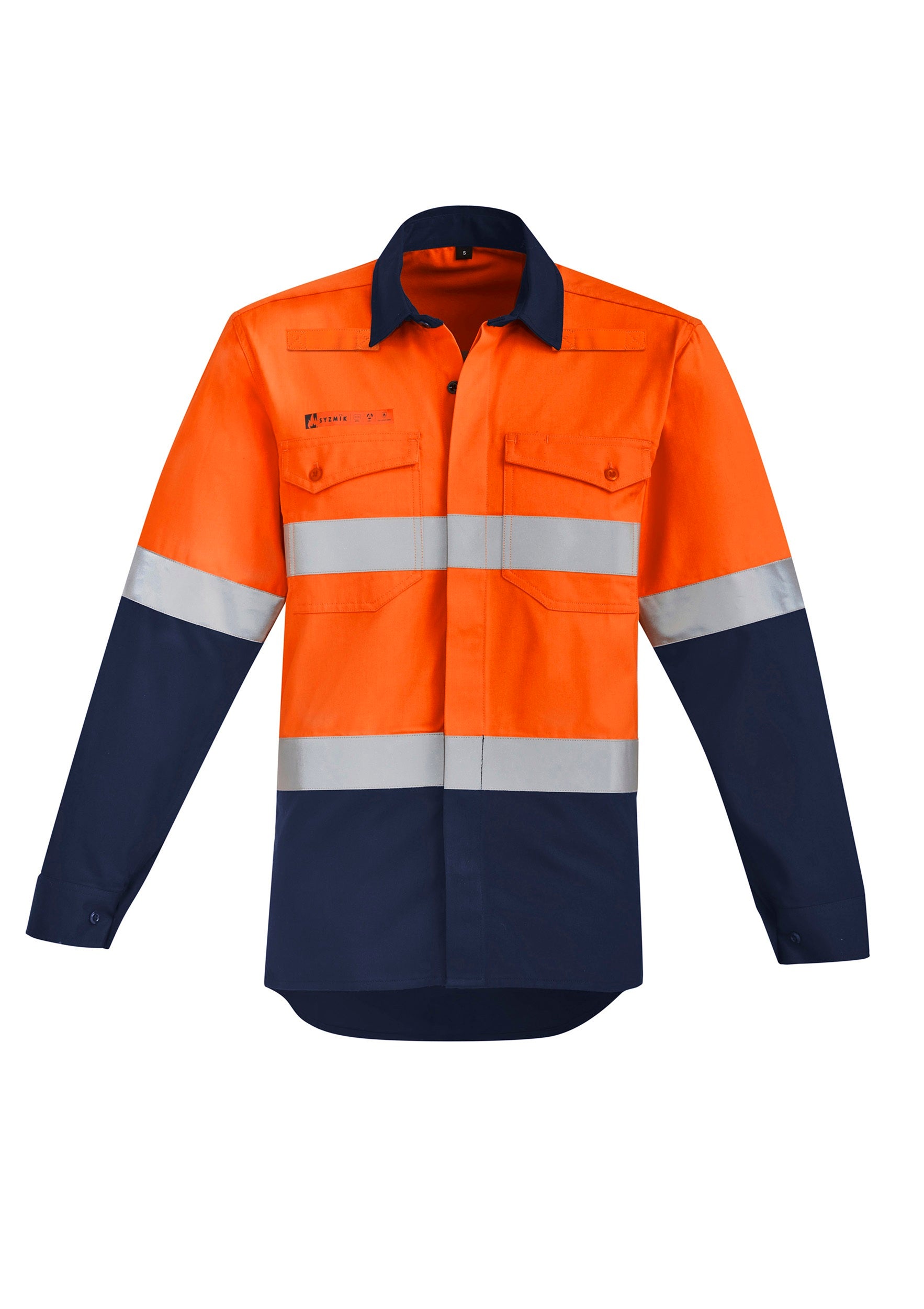 Syzmik Mens Orange Flame Hi Vis Open Front Spliced Shirt - Hoop Taped ZW140