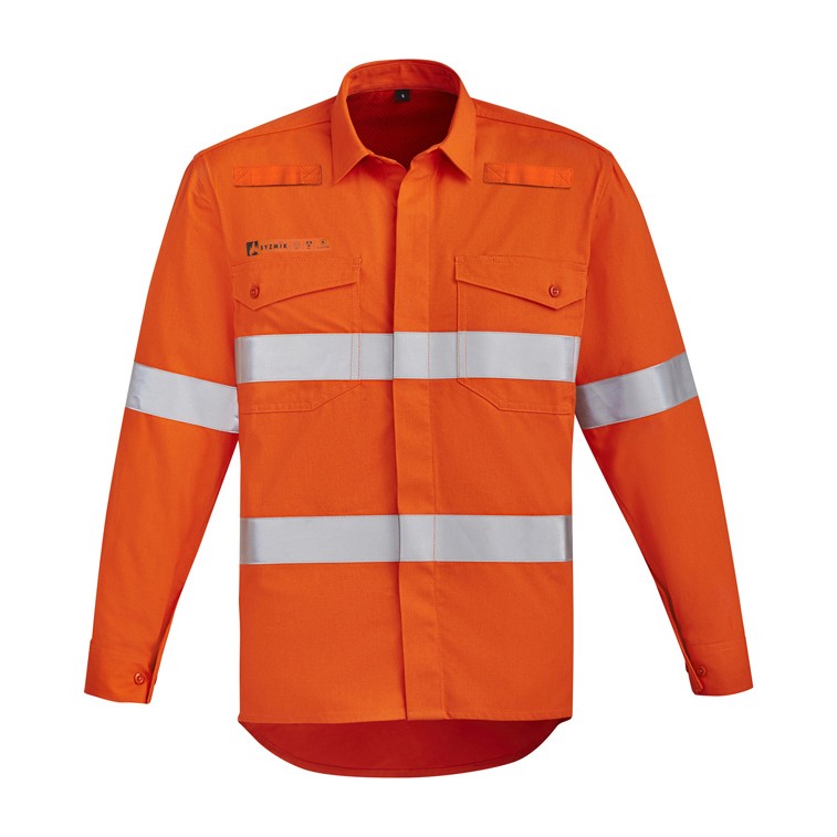 Syzmik Mens Orange Flame Hi Vis Open Front Shirt - Hoop Taped ZW145 in Orange