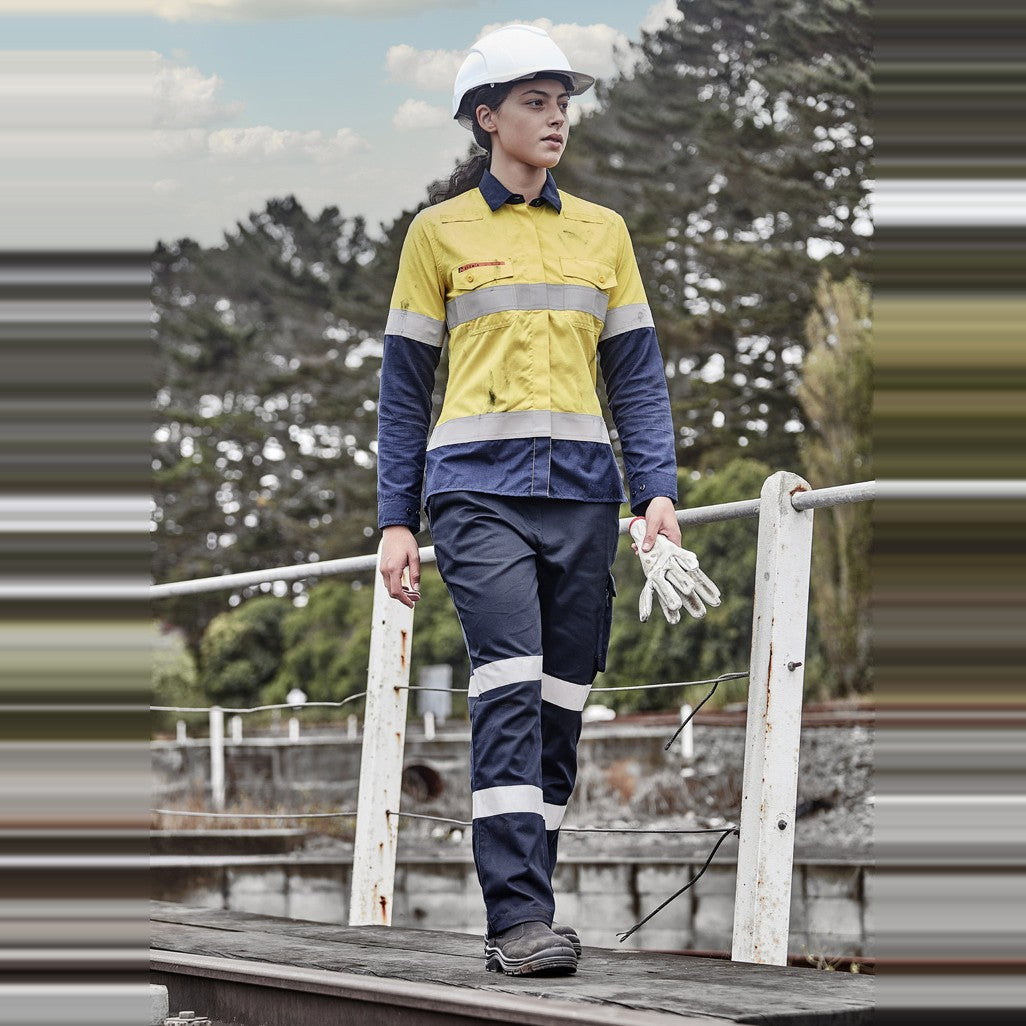 Syzmik Womens Orange Flame Lightweight Ripstop Taped Shirt ZW170 in Yellow/Navy, worn by model, view 2