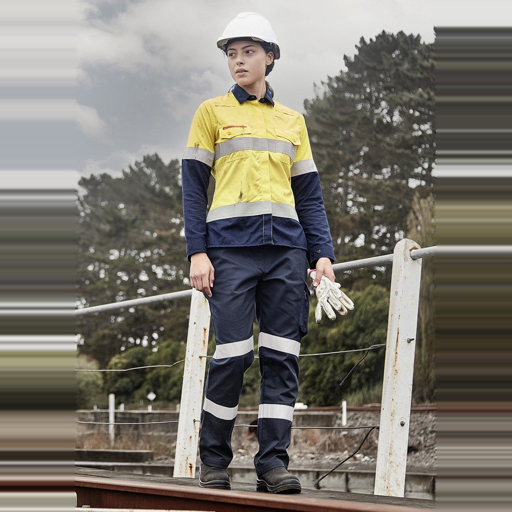 Syzmik Womens Orange Flame Lightweight Ripstop Taped Shirt ZW170 in Yellow/Navy, worn by model, view 3