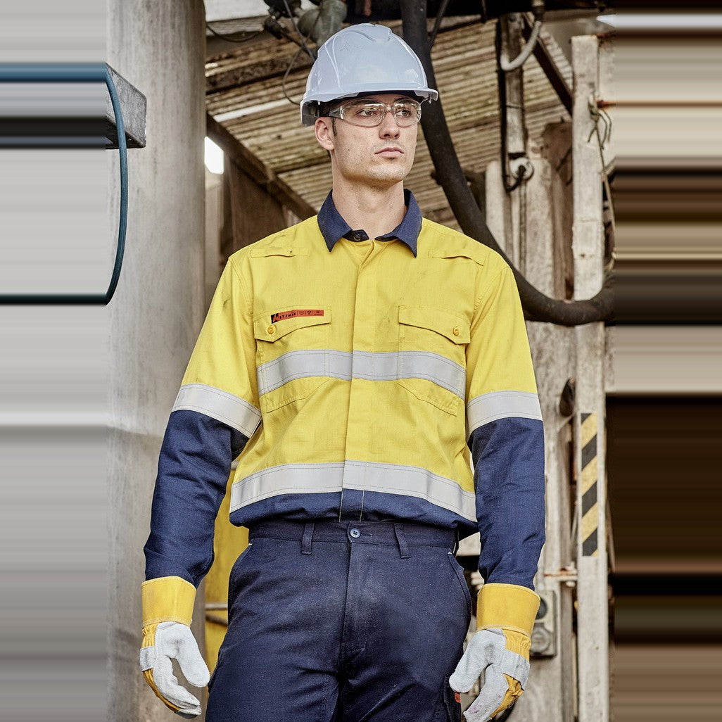 Syzmik Mens Orange Flame Lightweight Ripstop Shirt - Hoop Taped ZW180 in Yellow/Navy, worn by model, view 6