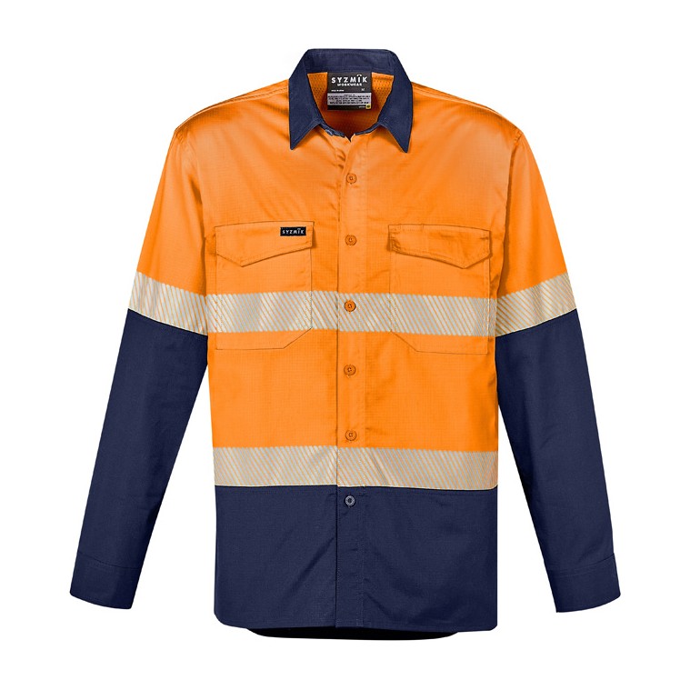 Syzmik Mens Rugged Cooling Hi Vis Segmented Tape Long Sleeve Shirt ZW229 in Orange/Navy
