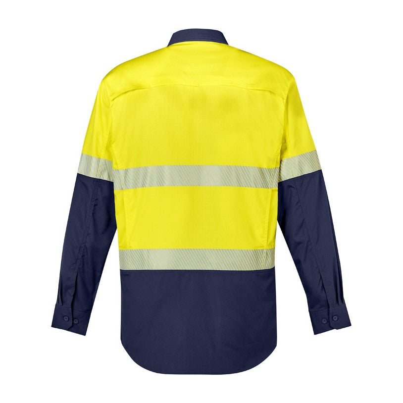 Syzmik Mens Rugged Cooling Hi Vis Segmented Tape Long Sleeve Shirt ZW229 in Yellow/Navy, view 2