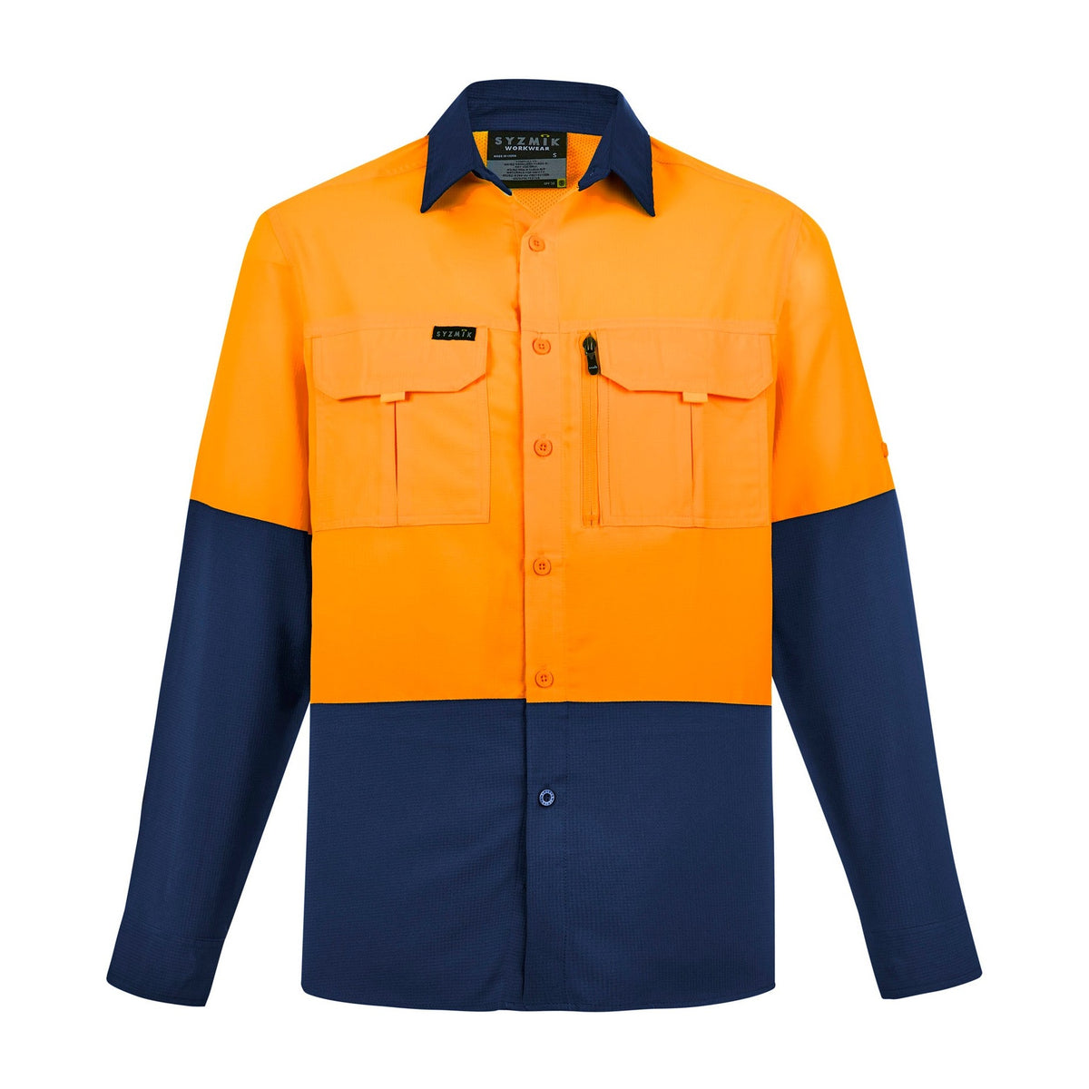 Syzmik Mens Hi Vis Outdoor Long Sleeve Shirt ZW468 CLEARANCE in Orange/Navy