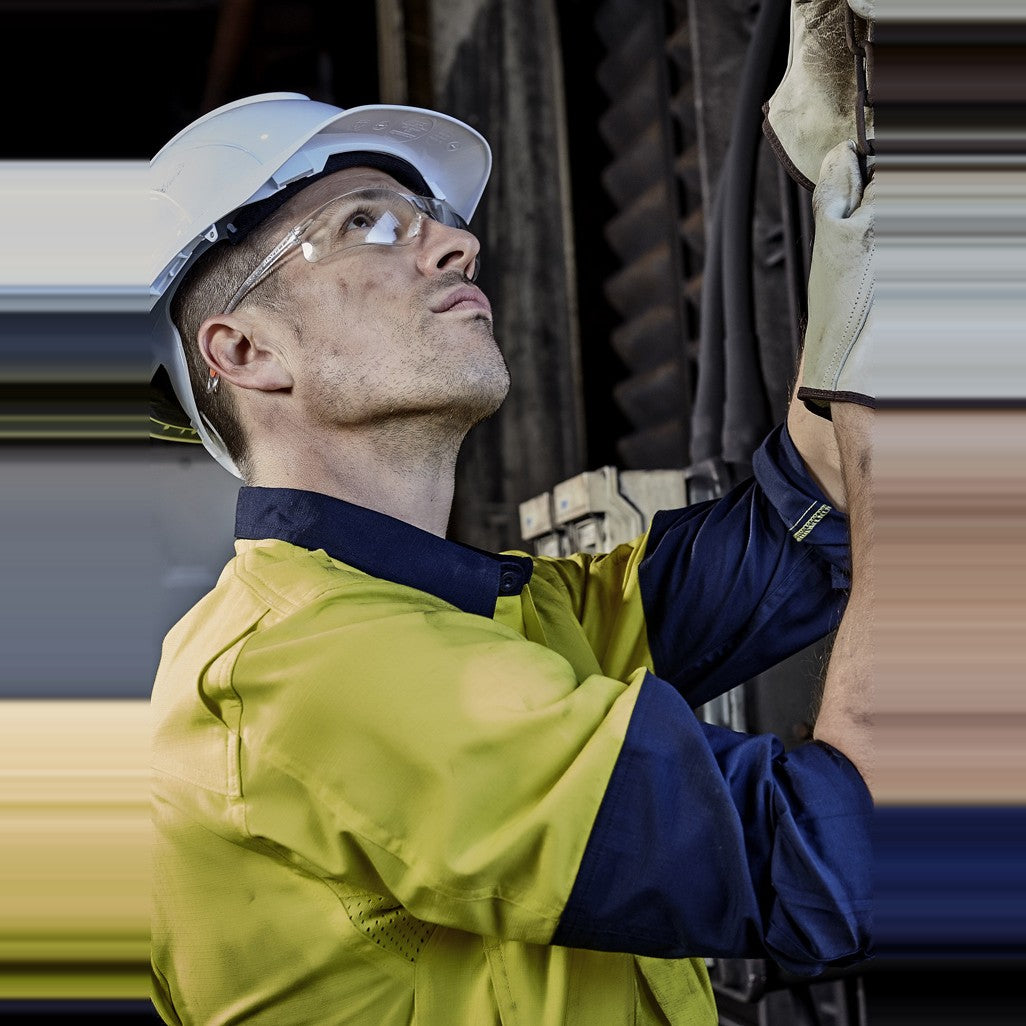 Syzmik Mens Closed Front Long Sleeve Shirt ZW560 in Yellow/Navy, worn by model, view 2
