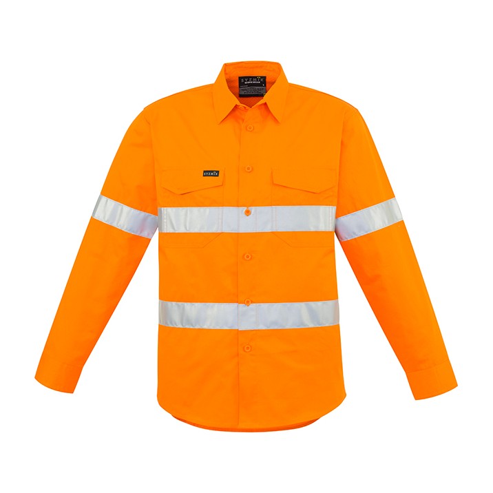Syzmik Mens Hi Vis Hoop Taped Long Sleeve Shirt ZW640, worn by model