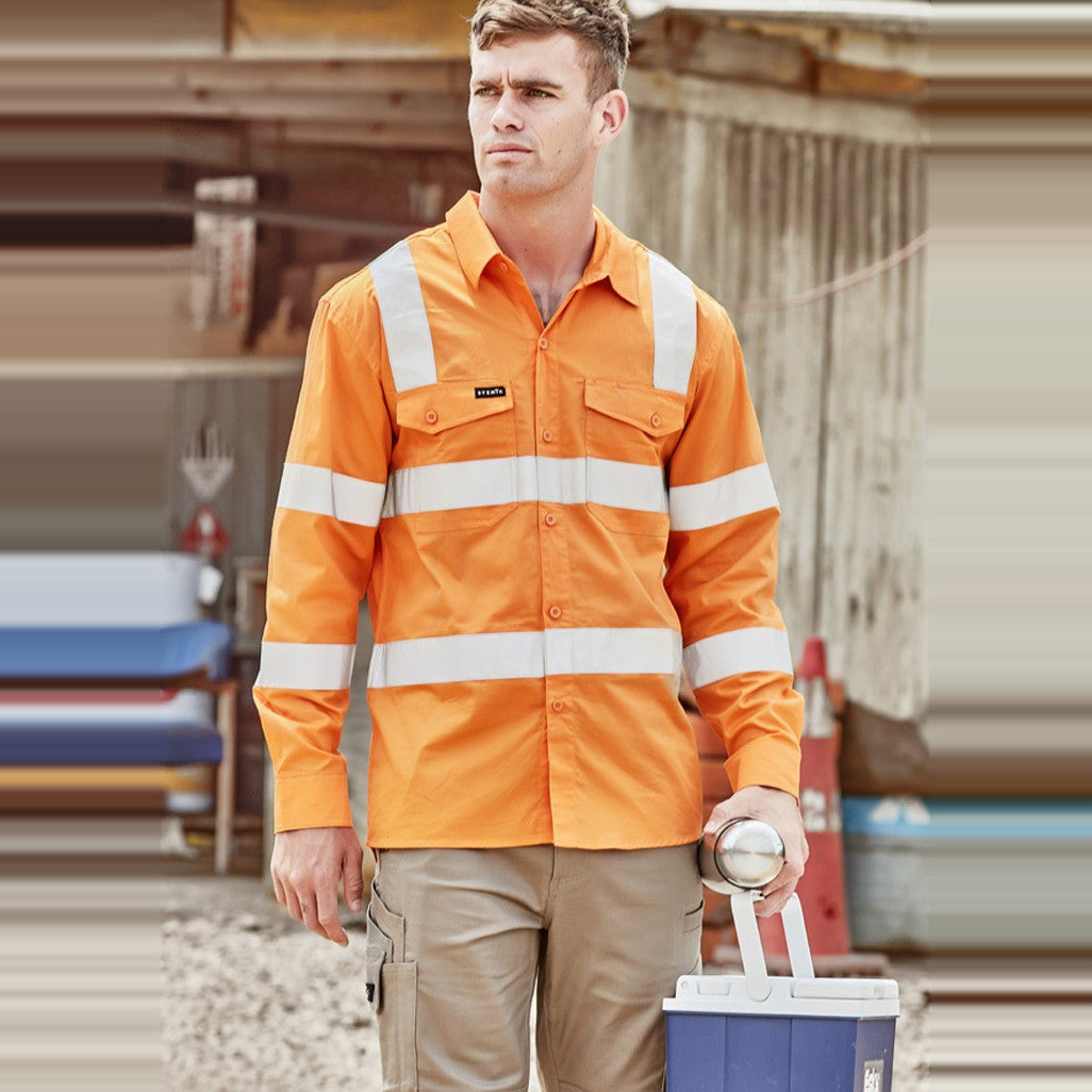 Syzmik Mens Bio Motion VIC Rail Long Sleeve Shirt ZW680 in Vic Rail Orange, worn by model
