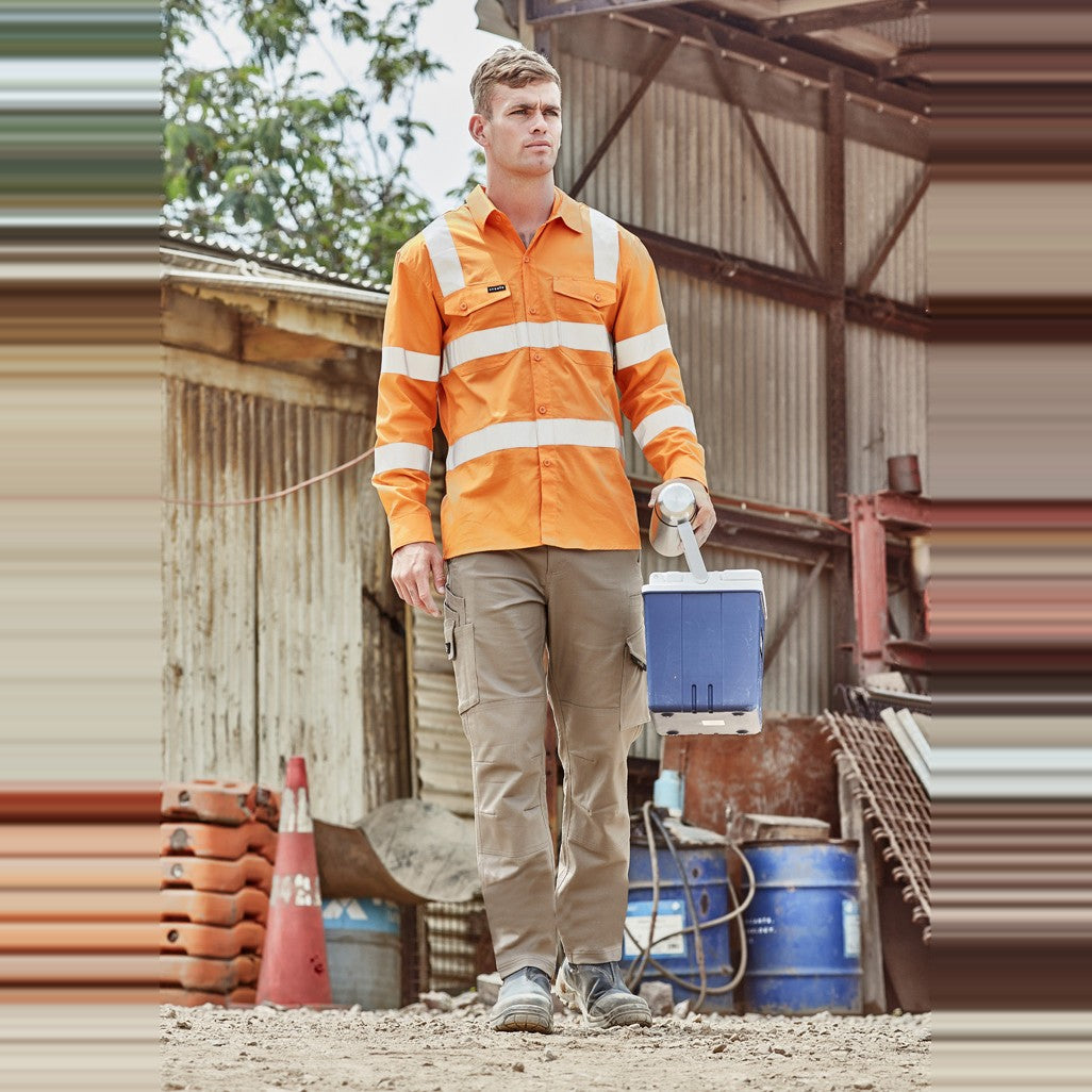 Syzmik Mens Bio Motion VIC Rail Long Sleeve Shirt ZW680 in Vic Rail Orange, worn by model, view 2