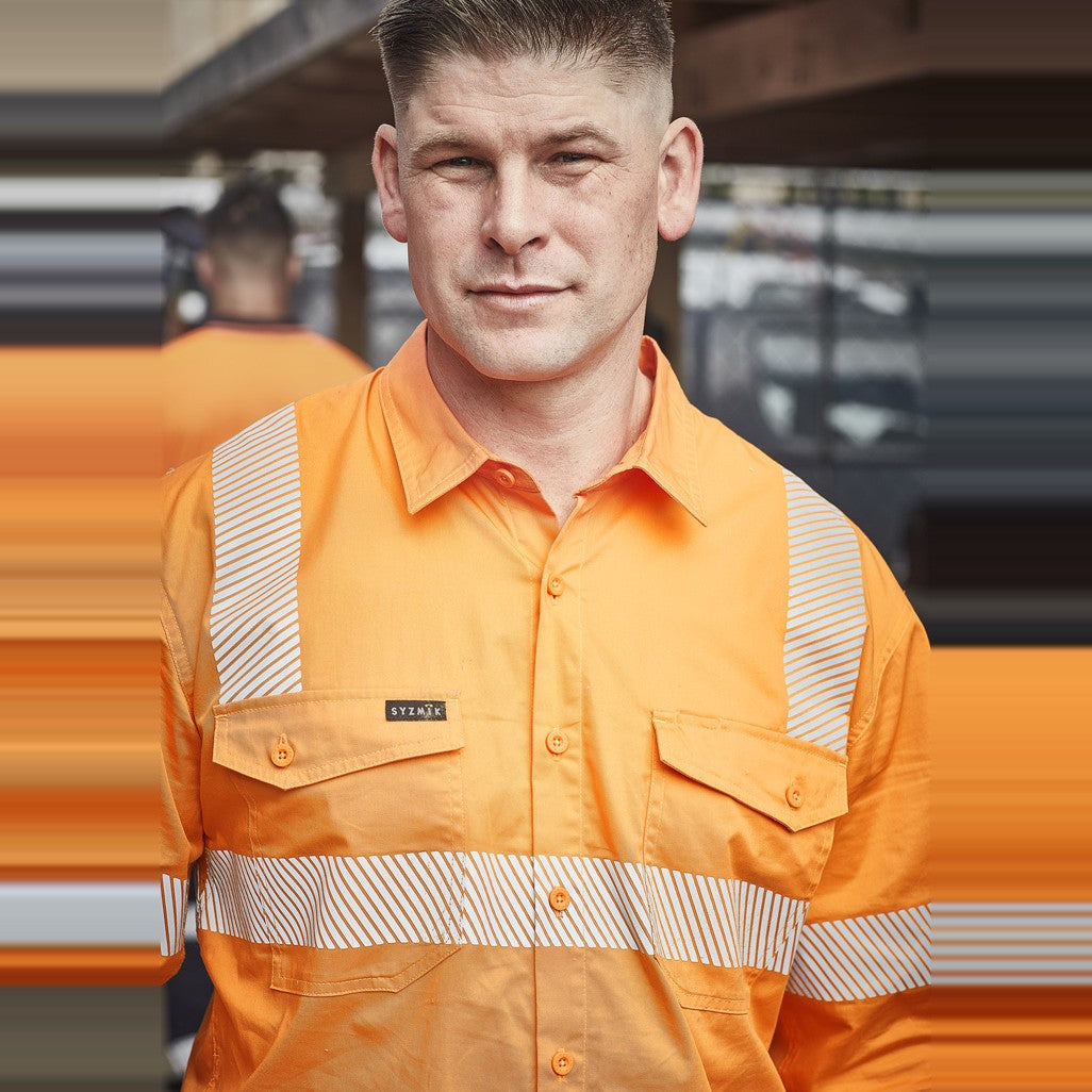 Syzmik Mens VIC Rail Shirt - Segmented Tape ZW682 in Vic Rail Orange, worn by model, view 3
