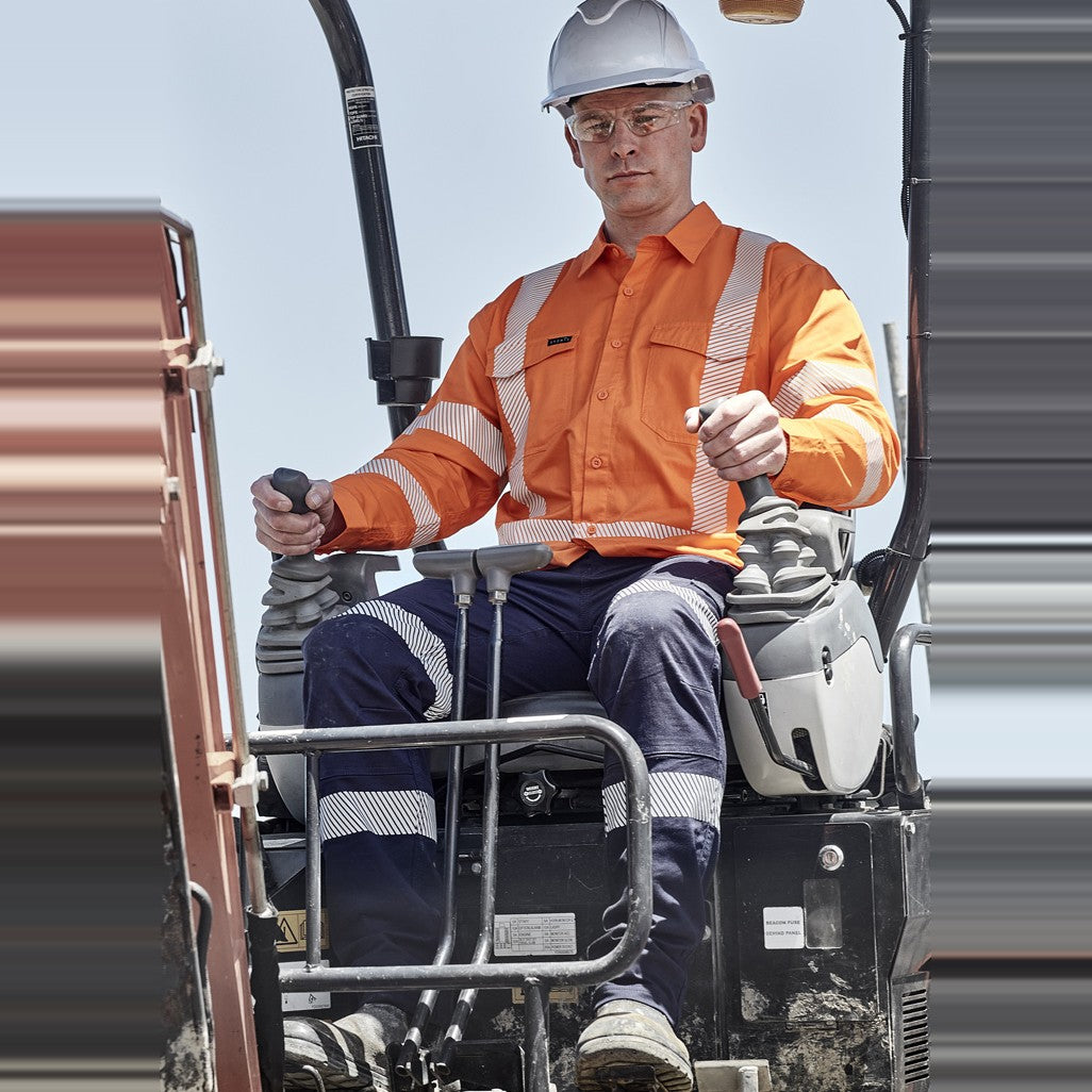 Syzmik Mens Hi Vis X Back NSW Rail Shirt - Segmented Tape ZW692 in Orange, worn by model, view 4