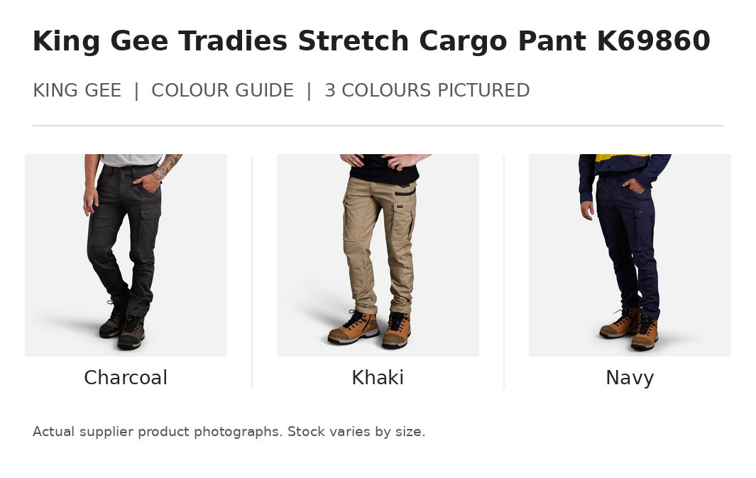 King Gee Tradies Stretch Cargo Pant K69860 visual colour guide showing 3 garment colours with names
