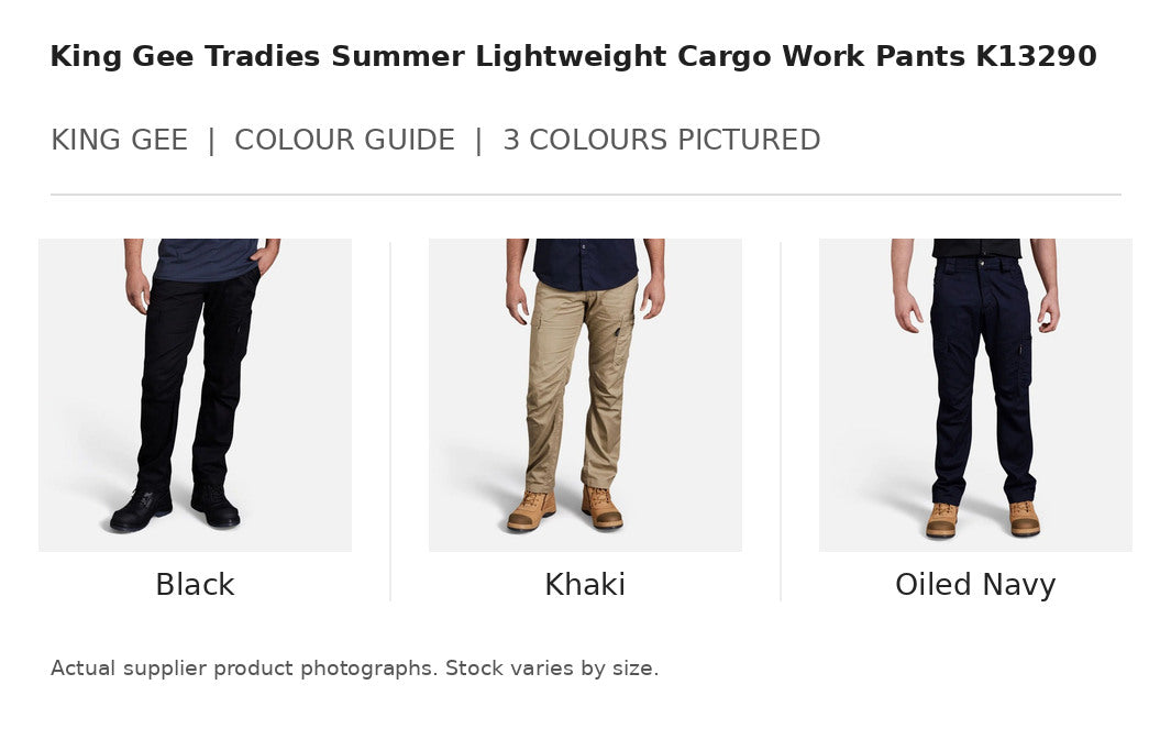 King Gee Tradies Summer Lightweight Cargo Work Pants K13290 visual colour guide showing 3 garment colours with names