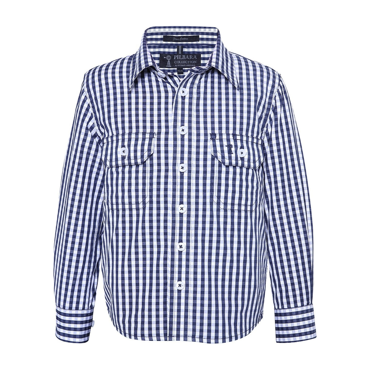 Pilbara Kids Long Sleeve Shirt RMPC001 in Navy/White Mini Check