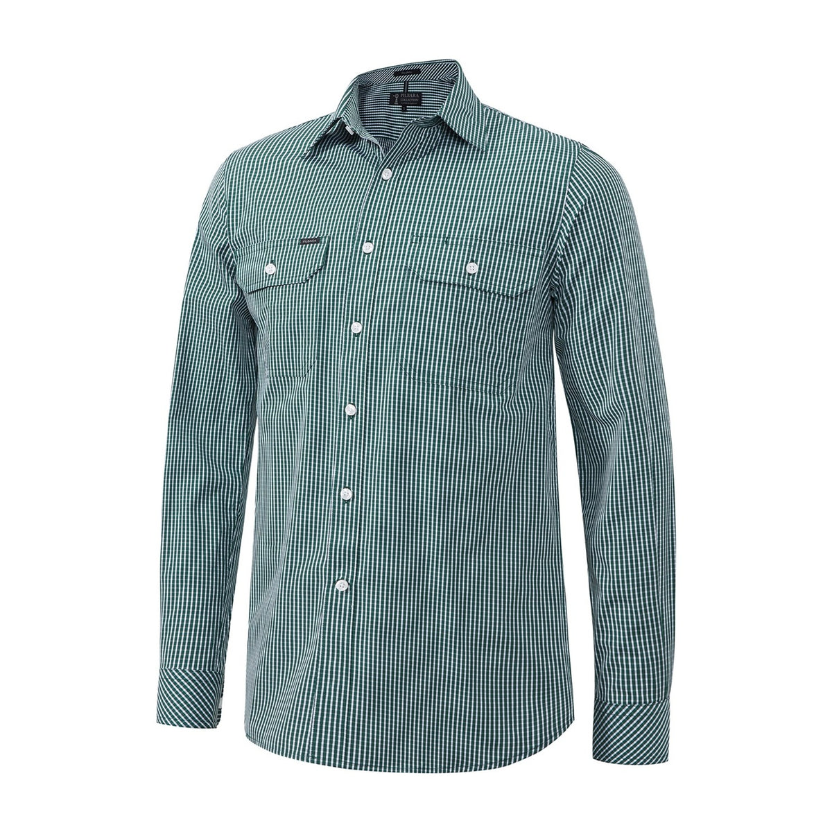 Pilbara Mens Long Sleeve Shirt Double Pockets RMPC009 in Green/White Small Check
