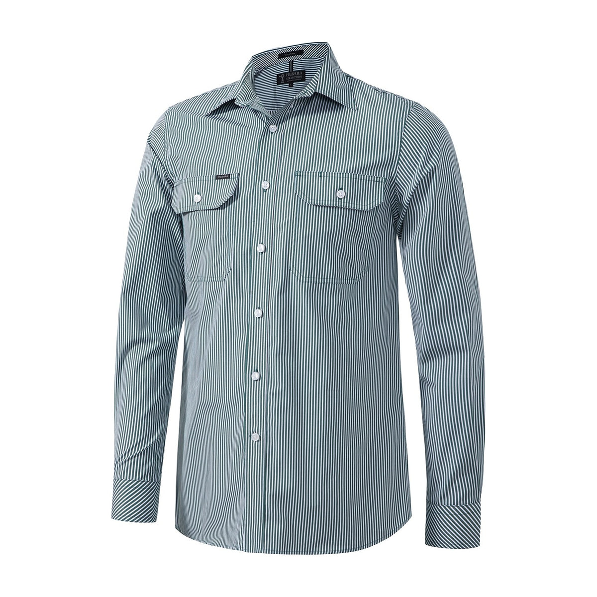 Pilbara Mens Long Sleeve Shirt Double Pockets RMPC010 in Green/White Small Stripe