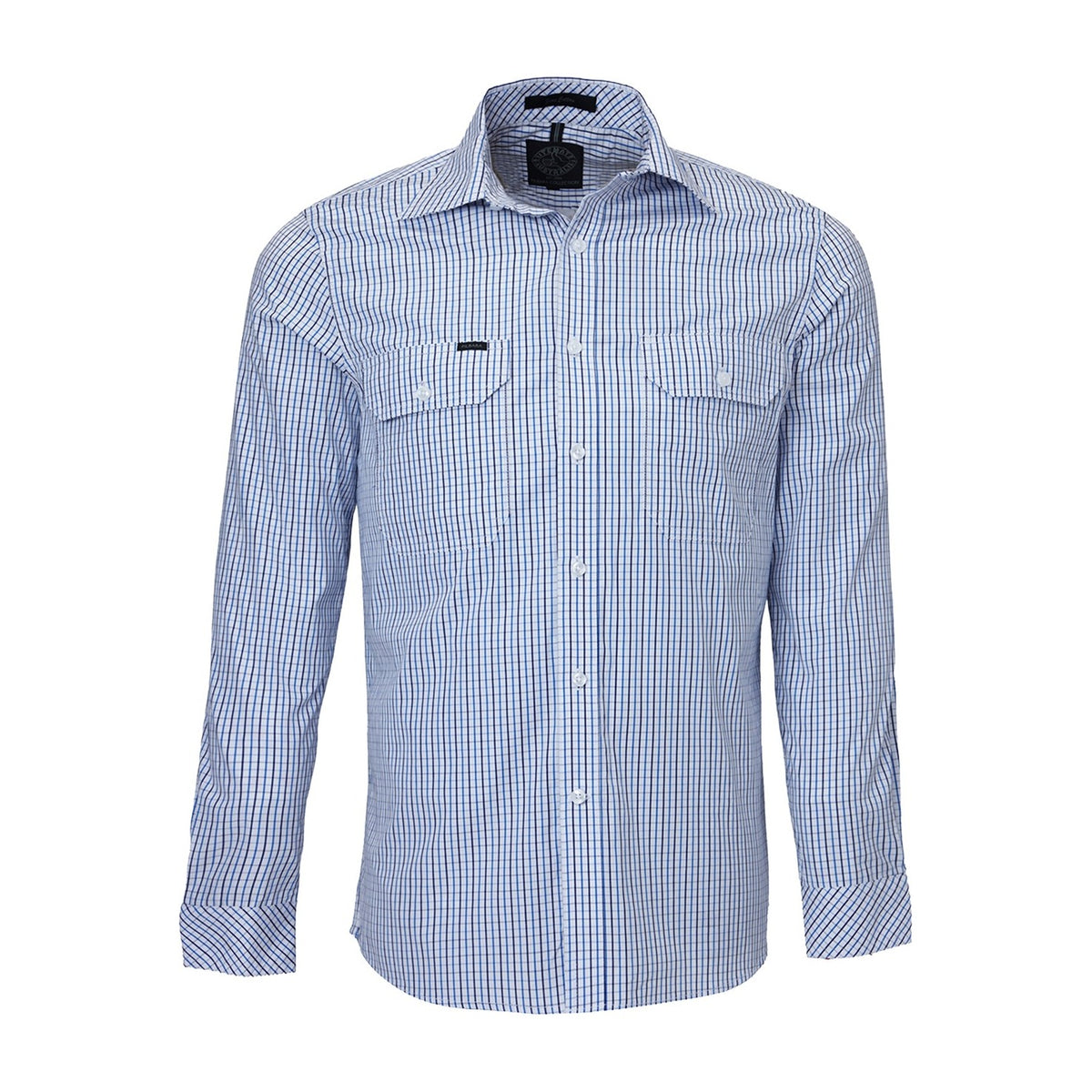 Pilbara Mens Long Sleeve Shirt Double Pockets RMPC011 in Blue/Navy/White Check