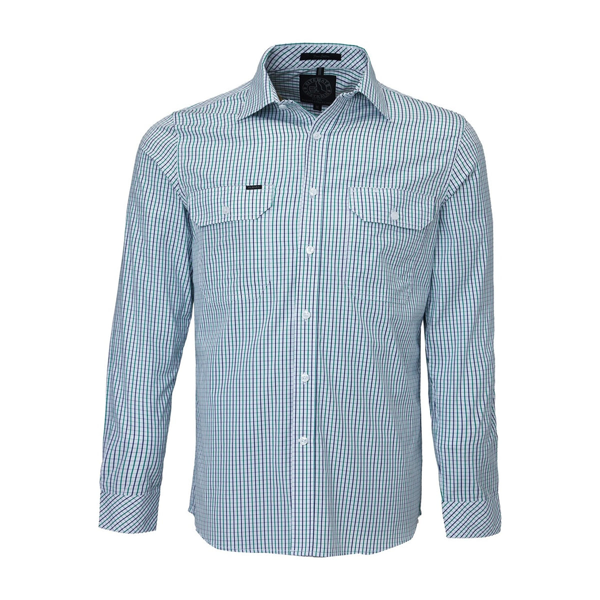 Pilbara Mens Long Sleeve Shirt Double Pockets RMPC011 in Emerald/Navy/White Check