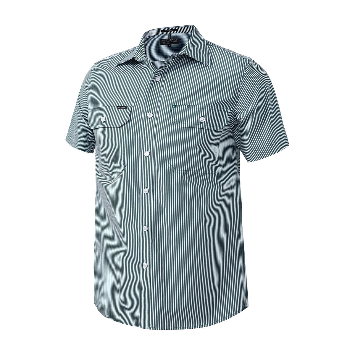 Pilbara Mens Short Sleeve Shirt Double Pockets RMPC010S in Green/White Small Stripe