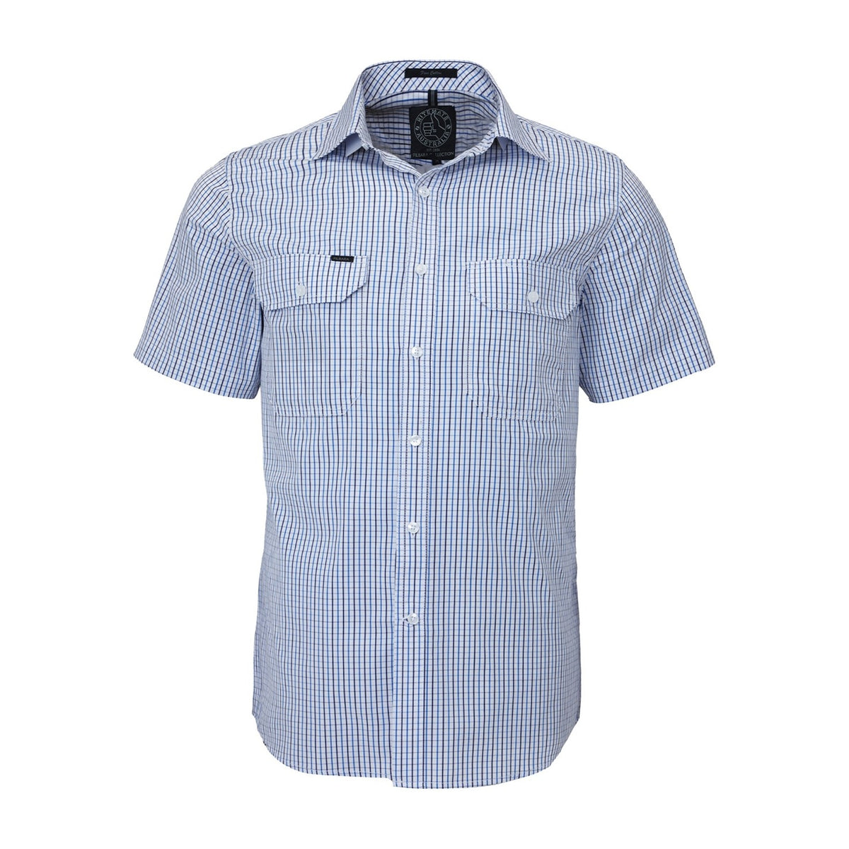 Pilbara Mens Short Sleeve Shirt Double Pockets RMPC011S in Blue/Navy/White Check