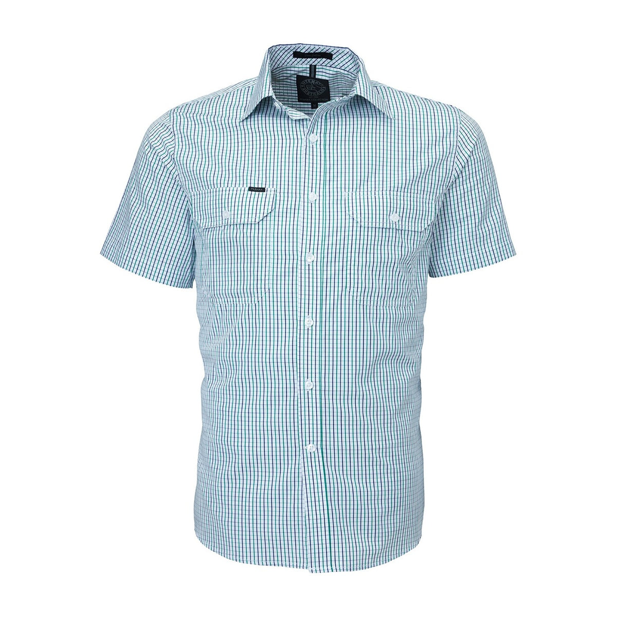 Pilbara Mens Short Sleeve Shirt Double Pockets RMPC011S in Emerald/Navy/White Check