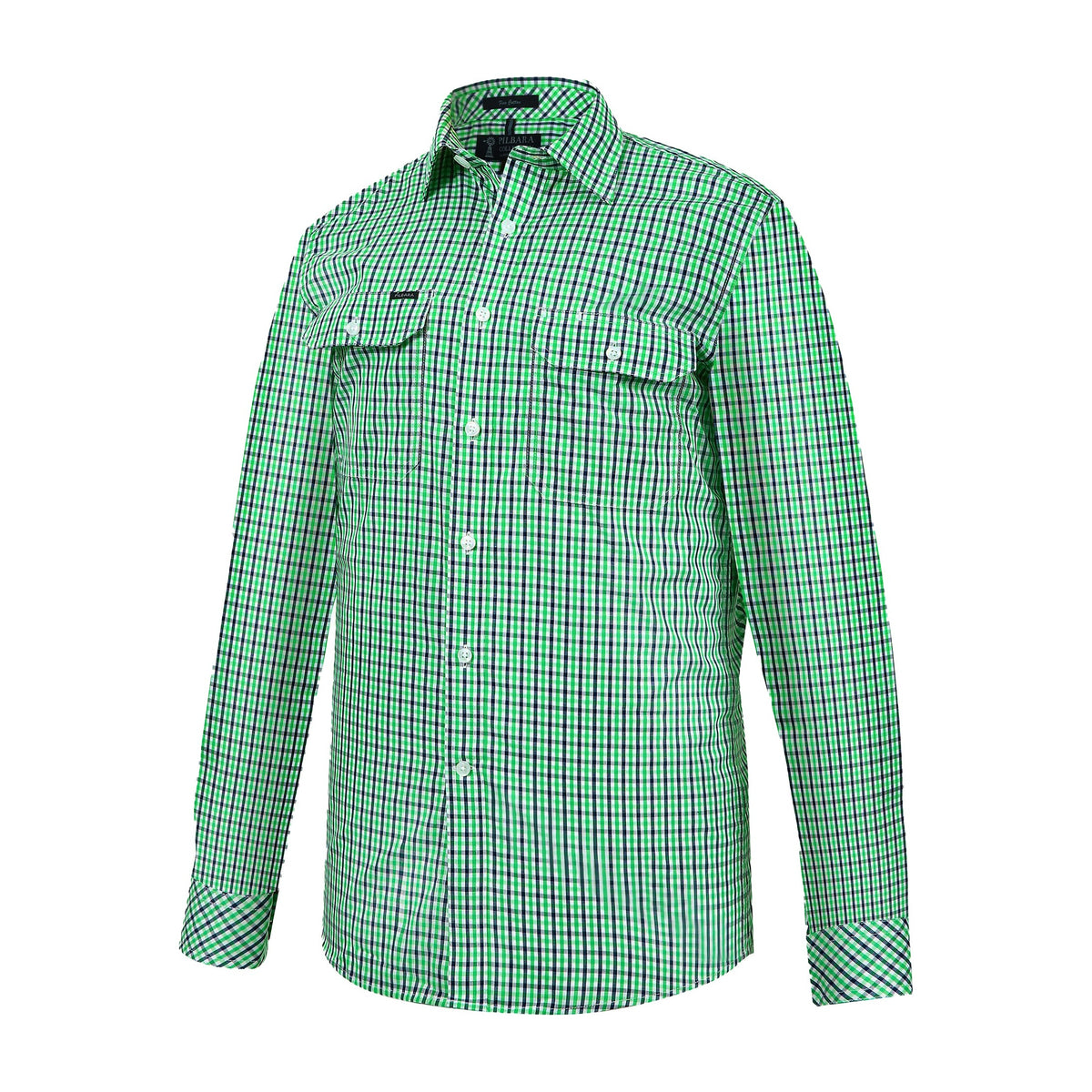 Pilbara Mens Yarn Dyed Check Dual Pocket Long Sleeve Shirt RMPC060 in Emerald/Navy/White