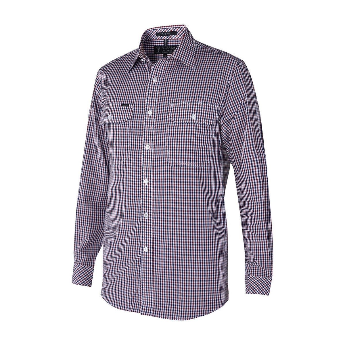 Pilbara Mens Yarn Dyed Check Dual Pocket Long Sleeve Shirt RMPC060 in Maroon/Navy/White