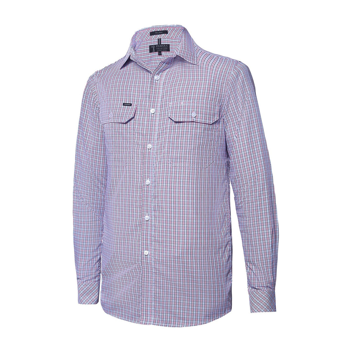 Pilbara Mens Yarn Dyed Check Dual Pocket Long Sleeve Shirt RMPC062 in Red/Blue/Black/White Check