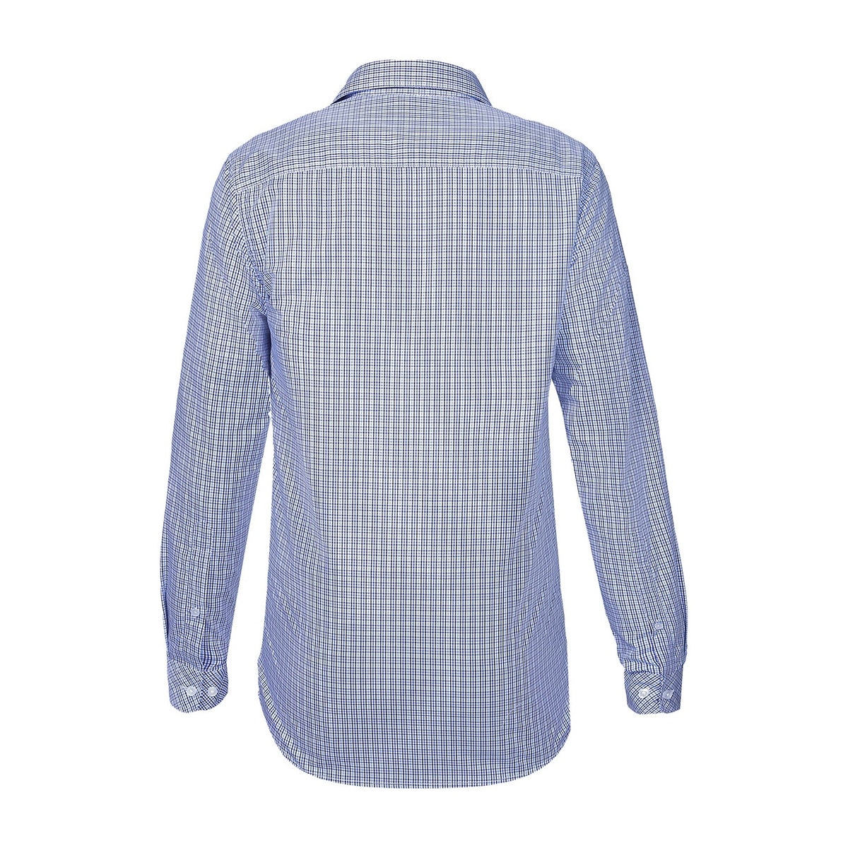 Pilbara Mens Yarn Dyed Check Dual Pocket Long Sleeve Shirt RMPC062 in Royal/Blue/Black/White Check, back view
