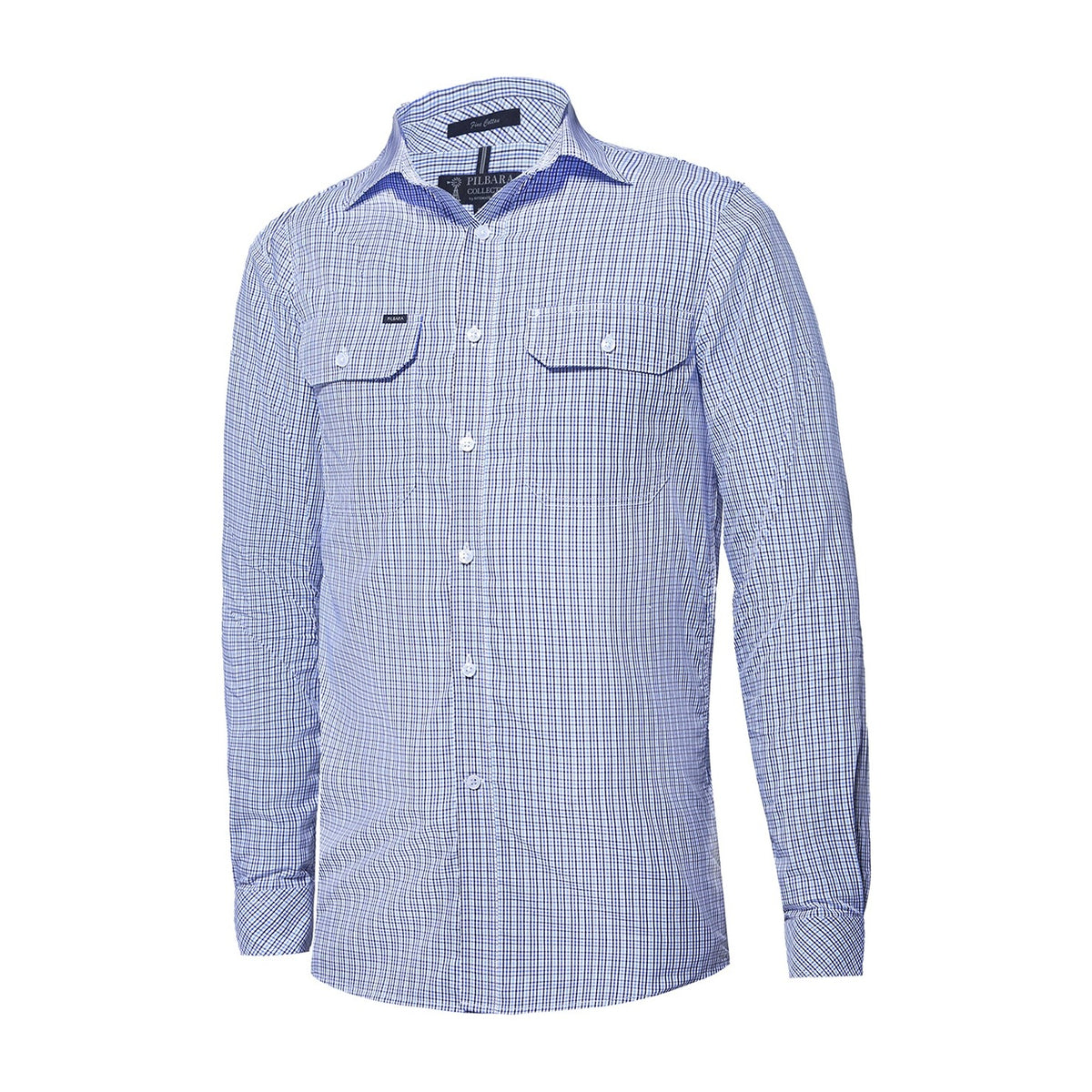 Pilbara Mens Yarn Dyed Check Dual Pocket Long Sleeve Shirt RMPC062 in Royal/Blue/Black/White Check